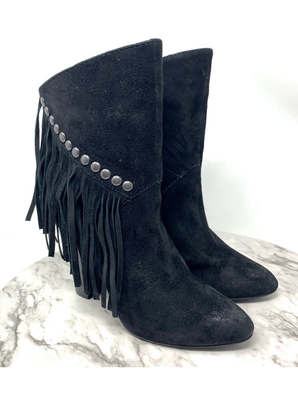 Steve Madden Tootles Fringe Stud Black Suede Boots 6 Western Moto Cottagecore